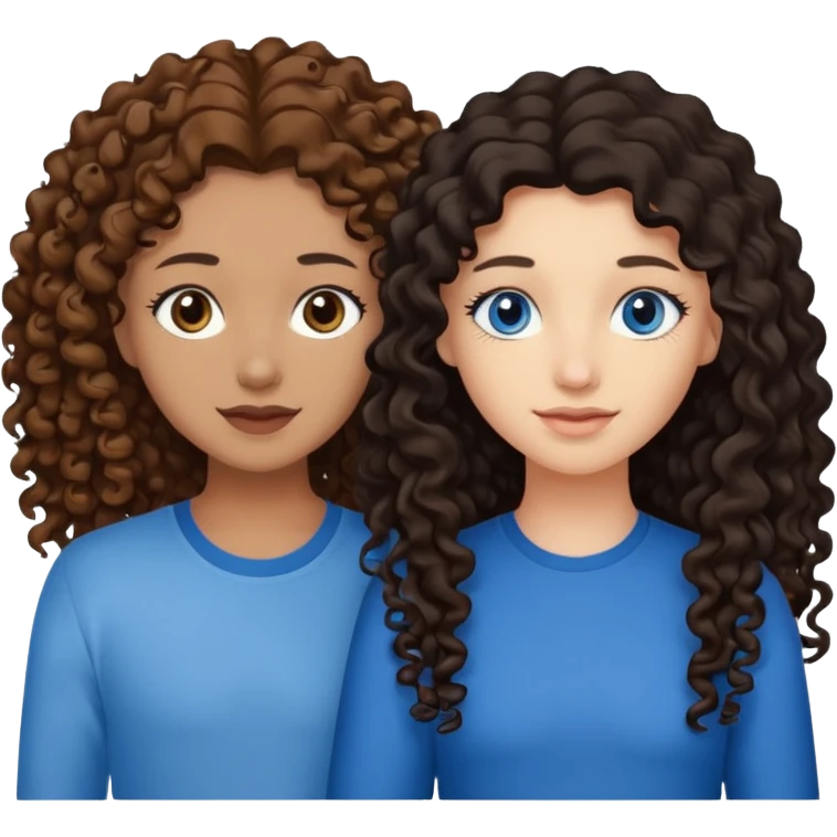 Two best friends .bestie 1: beige skin with brown long hair and blue eye. Bestie 2:mixed race skin with curly black hair and brown eye emoji