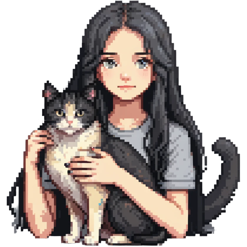 Beautiful girl with long black hair petting a gray and blonde mixed cat emoji
