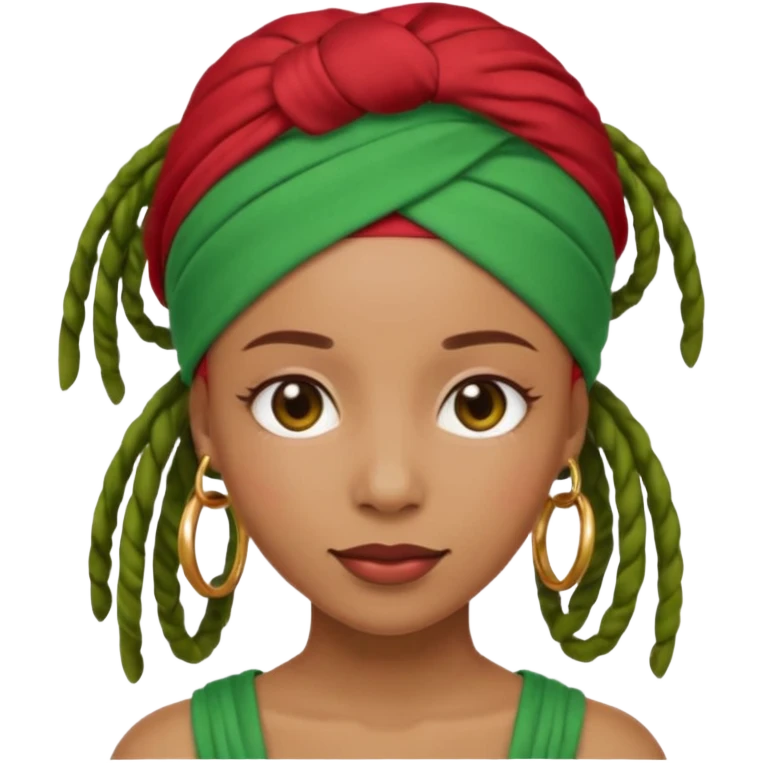 Non-portrait Jayci-vibe emoji, 1024 PNG, transparent. Headwrap (muted R-G-G), hoops, locs hint; soft smile, golden inner glow + faint heart aura. Embed: first-love, roots calm, playful grace, protective joy, consent. emoji