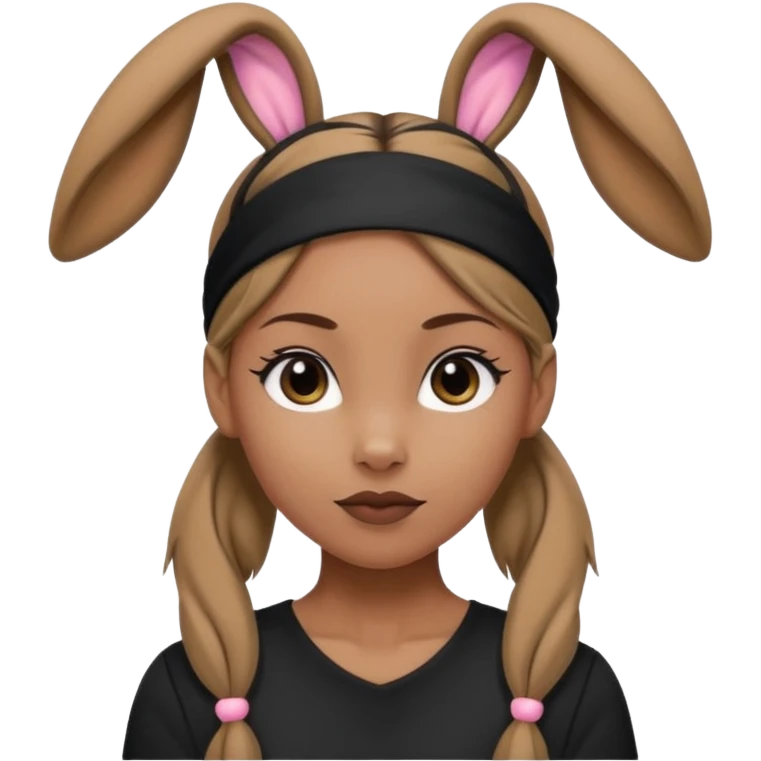 "A tan-skinned person with a high brown ponytail wearing a headband with black bunny ears. The character is dressed in a stylish black outfit. The emoji style should be cute, expressive, and modern — simple but detailed enough to show the ponytail, bunny ears, and outfit clearly." emoji