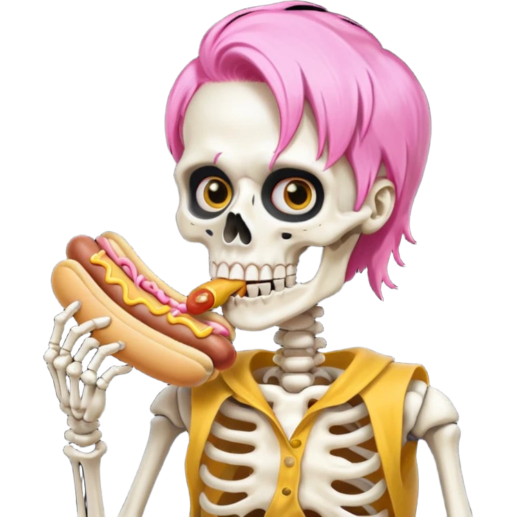 skeleton with pink hair eating a hot dog emoji