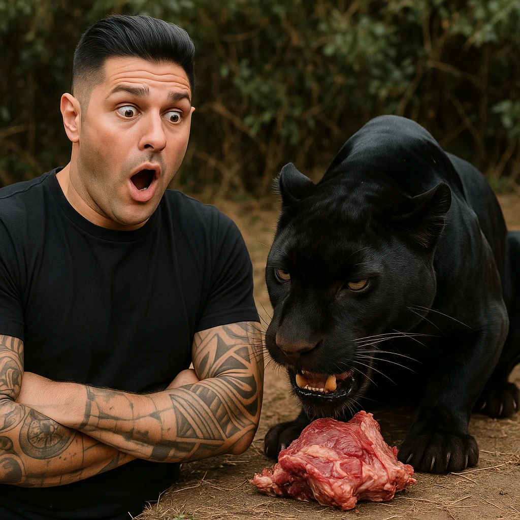 Create a realistic scene featuring a man with facial features and expression similar to the person in the reference photo, looking surprised. The man is standing next to a panther, watching the panther eat. The scene should be educational and respectful, depicting the natural behavior of the panther in a realistic style. emoji