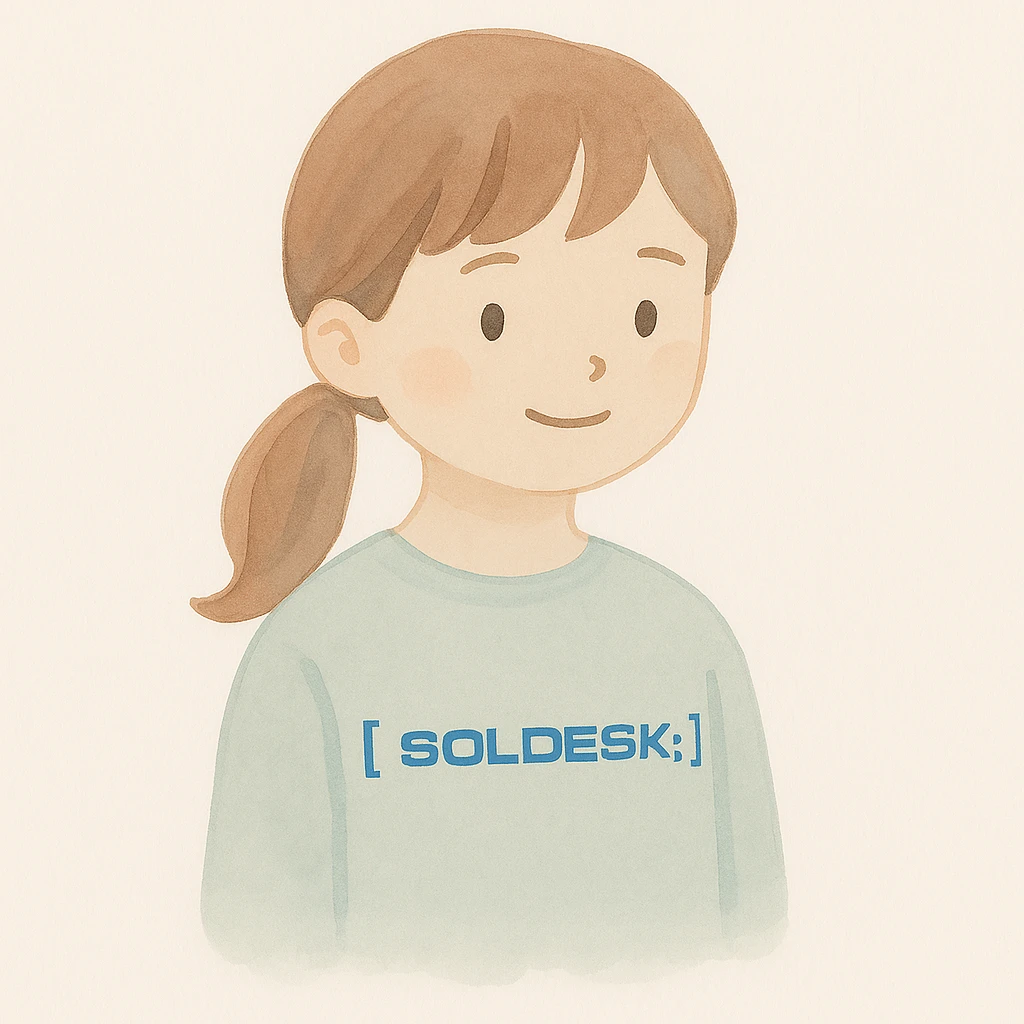 Add the SOLDESK logo to the character's shirt, keep the watercolor art style, preserve the original background. emoji