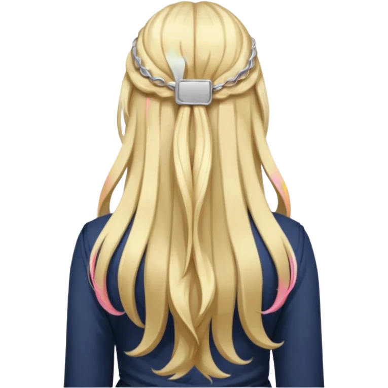 a girl facing backwards so that her hair is showing, long hair that is wavy. she has her hair in a style of half-up-half-down with a small claw-clip securing the hair of the head where the hair strands meet. hair is a platinum blonde color and dark blonde highlights.  emoji