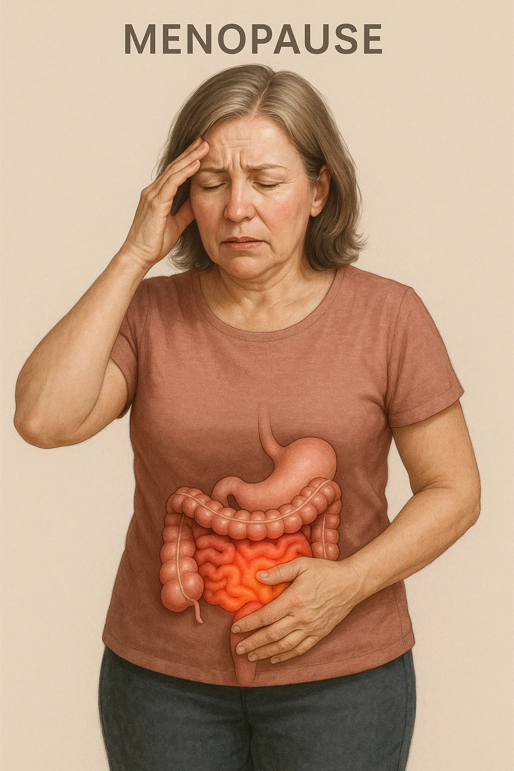 Donna in menopausa con intestino infiammato evidente emoji