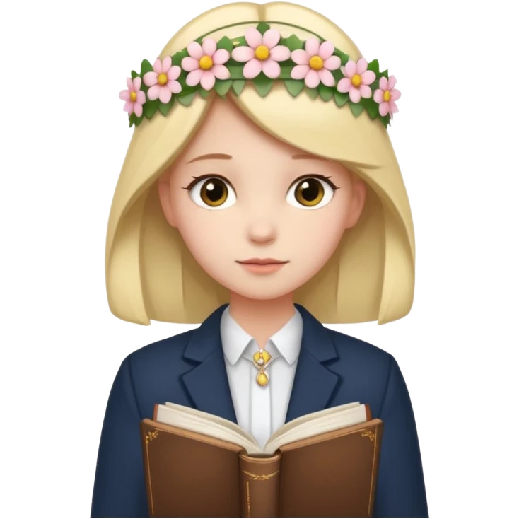 girl wearing a flower tiara with subtle hints of being a law student emoji