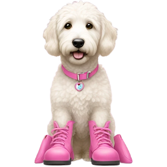 A white golden doodle wearing pink booties  emoji
