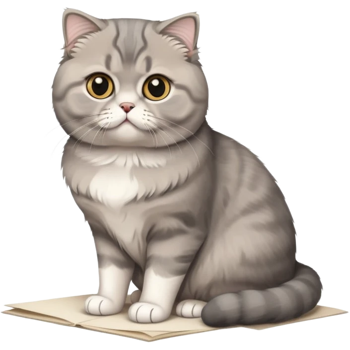 a gray Scottish fold cat sitting on a piece of paper emoji