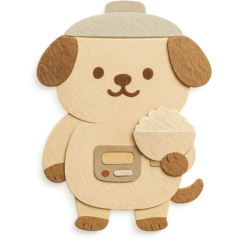 round-bellied rice cooker dog, holding a rice bowl, soft cream and brown tones, full-body emoji
