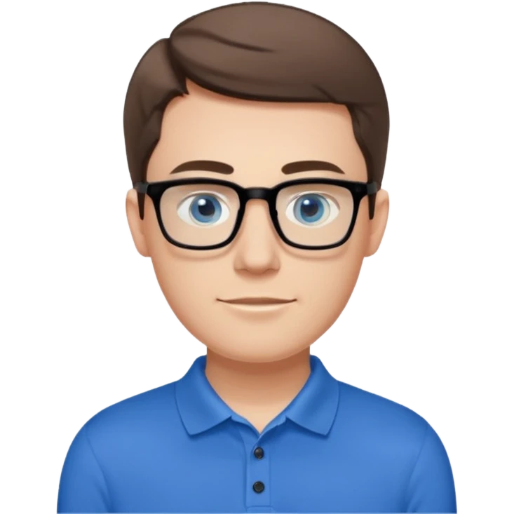 Scott The WozYoung white man, late 20s, short brown hair, blue eyes, clean-shaven, thin black rectangular glasses, slim build, wearing a blue polo shirt, friendly and energetic look. emoji