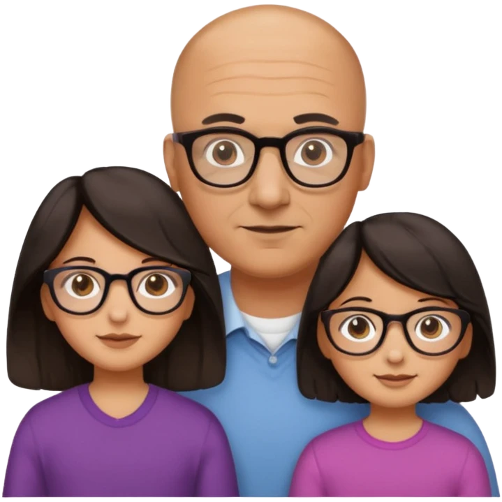 Papà calvo con occhiali, mamma capelli neri occhi marroni no occhiali, figlia capelli marroni mossi e occhiali tartarugati con montatura spessa occhi marroni, figlia capelli lisci marroni occhiali neri con montatura grande e fina occhi marroni  emoji