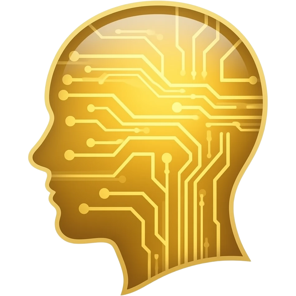 glowing gold human head silhouette with a transparent effect,-filled-with-interconnected-circuit-lines-and-neural-nodes,-symbolizing-artificial-intelligence emoji