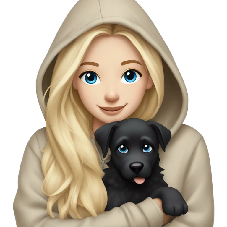 White girl blue eyes Blonde balayage long hair beige hoodie cuddling happy black dog emoji
