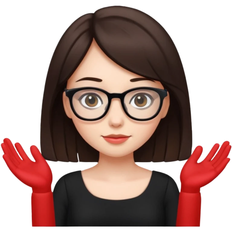 a cute brunette girl in a black dress wearing glasses  with two hands  emoji