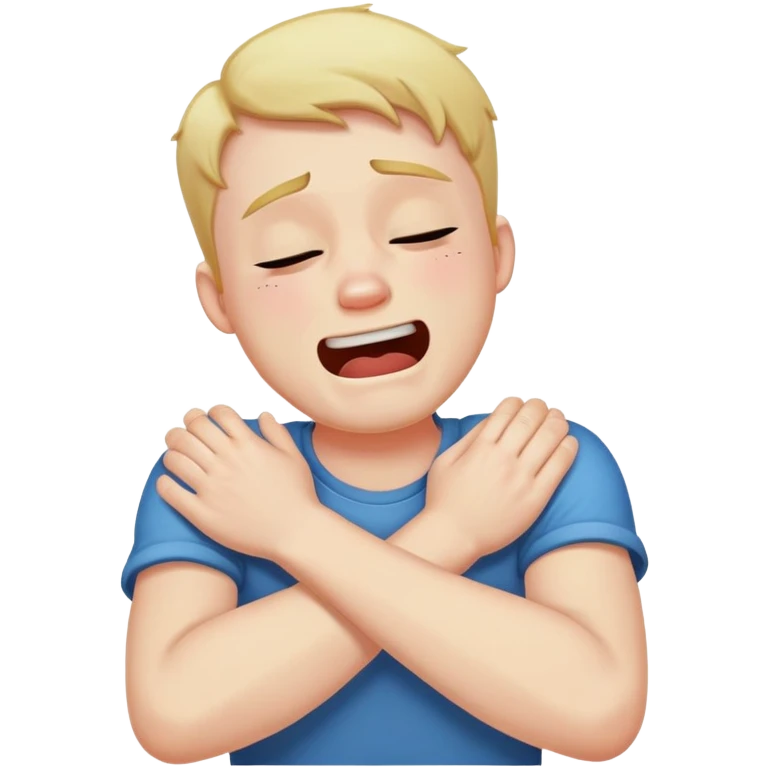 man with crossed arms choking himself while crying laughing emoji