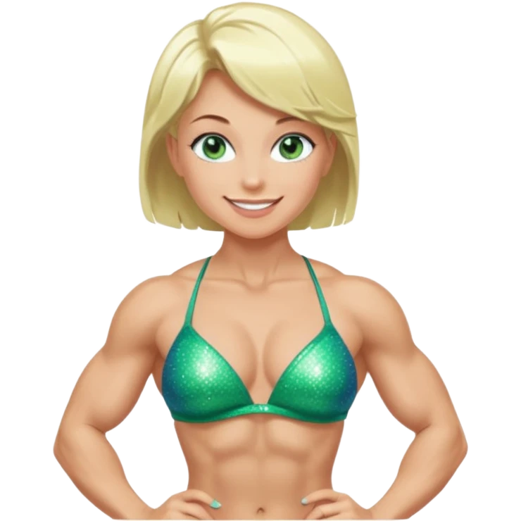 Bodybuilder woman with sparkly green bikini, blue eyes, a smile and short light blonde hair in a bodybuilding side pose emoji
