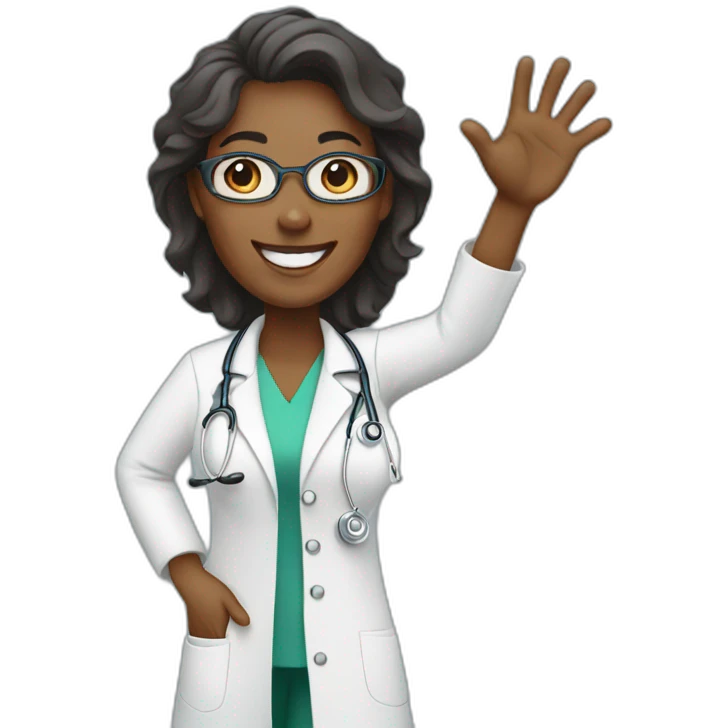 female african middle aged doctor waving and smiling emoji