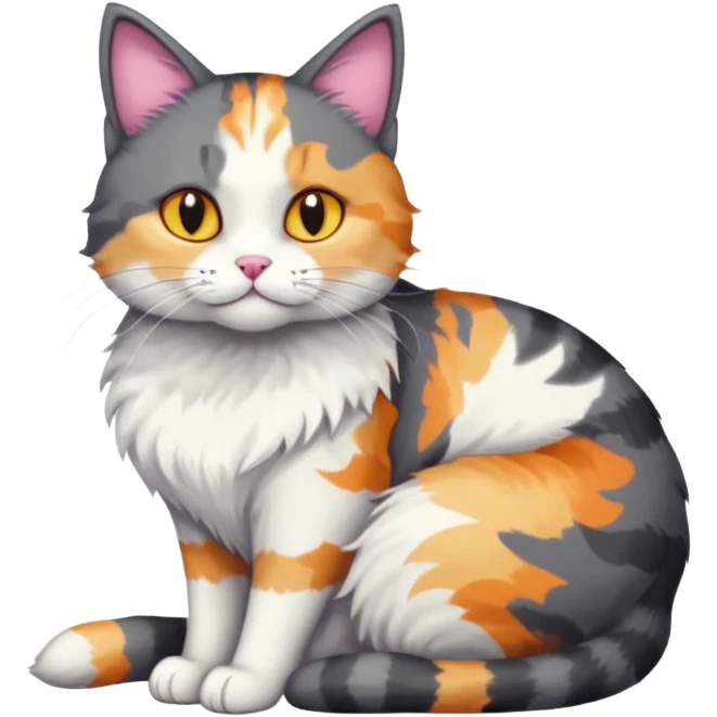 full body large dark grey and white cat cuddling a colourful light patched calico + white tabby cat  emoji