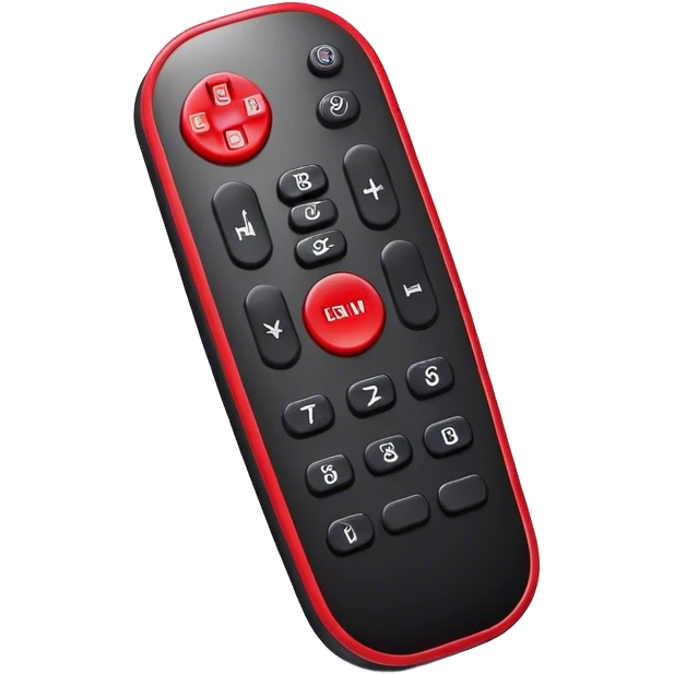 black tv remote  control with red border,  2Dimensions. Only 5 buttons, 4 in black and one big red button in the center emoji