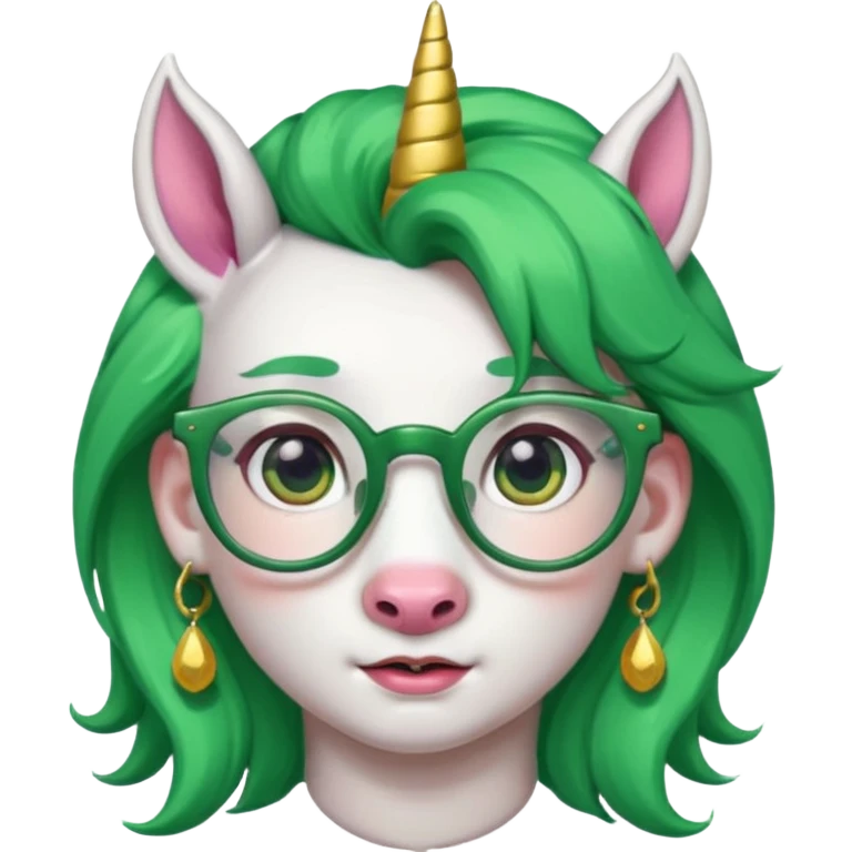 unicorn with green hair and big earrings looking into camera and spectacle emoji