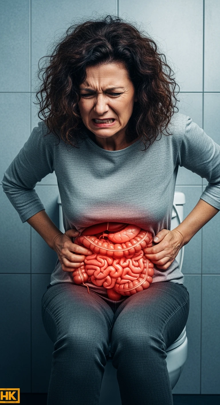 DONNA CON MAL DI PANCIA SEDUTA SUL WC MENTRE SI SFORZA, INTESTINO UMANO ANATOMICO IN EVIDENZA, IPERREALISTICA 4K emoji