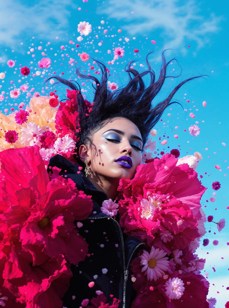 Closeup photo of a woman falling around explosion of a colorfull flowers wearing alternative fashion, blue sky minimalistic background emoji