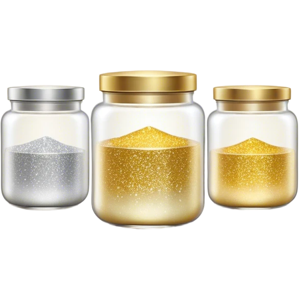 Cinematic Realistic Glitter Jars, elegant glass containers filled with ultra-fine shimmering gold and silver dust, light catching the tiny specks in a mesmerizing glow, slightly open lids revealing the rich, sparkling texture inside, set against a softly blurred background, radiating a sense of enchantment and wonder. emoji