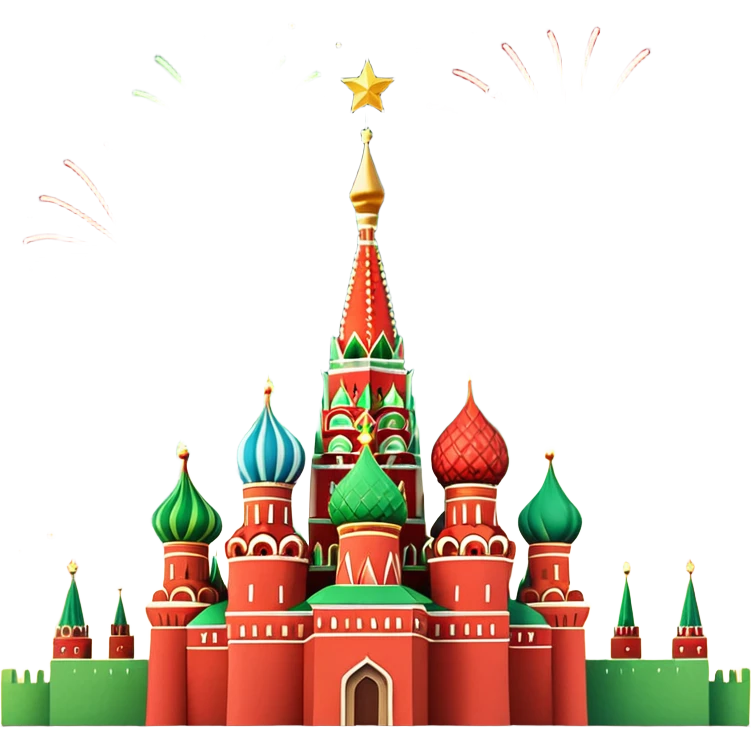 Apple style 3D emoji of New Year fireworks over Moscow. Vibrant multi-colored sparkling bursts (red, gold, green) in the sky. Below, a simplified glossy 3D silhouette of the Kremlin towers with glowing red stars. 
в более пастельных оттенках emoji
