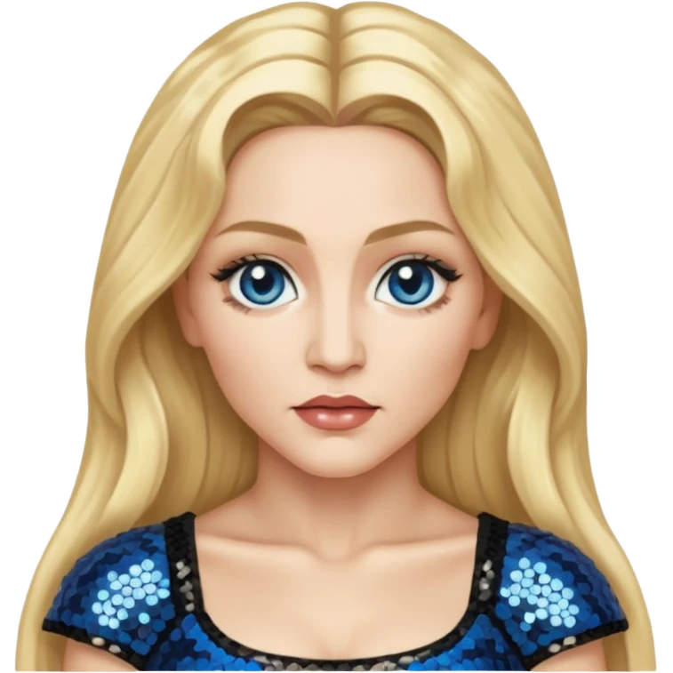 Madonna with blonde long hair, black sequin crop top, blue eye emoji