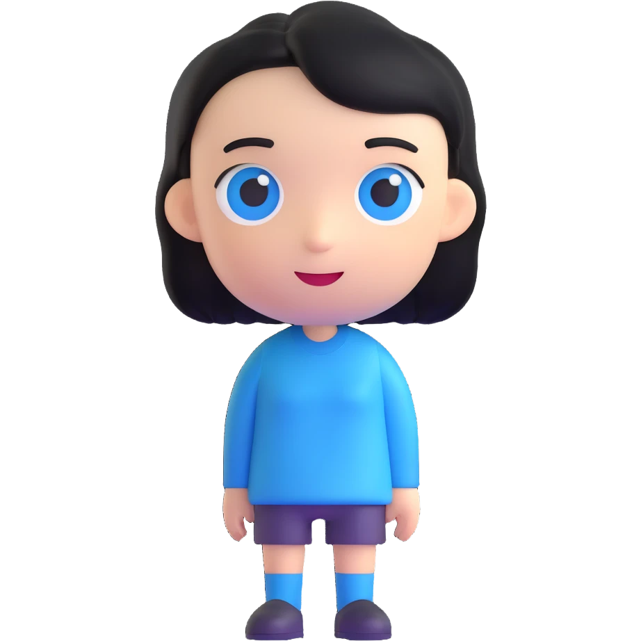 AI emoji character with black hair and blue eyes, standing straight forward, slightly smiling emoji
