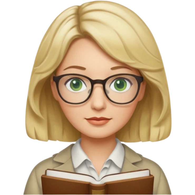 librarian teacher with short wavy blonde hair with a middle part and green eyes emoji