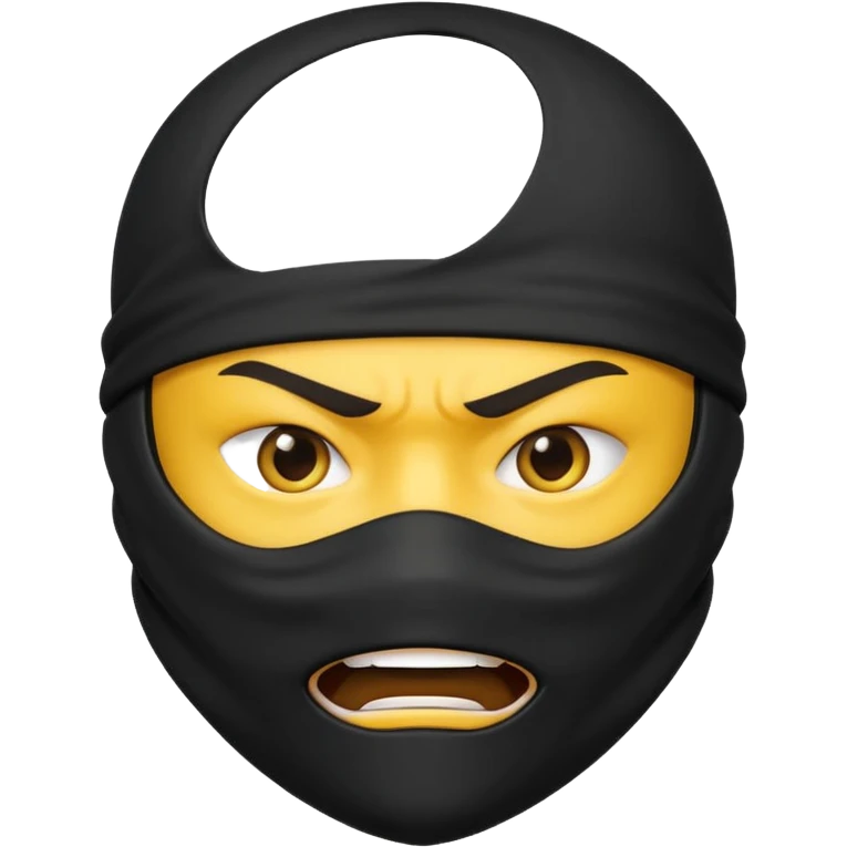 angry ninja face emoji, classic yellow emoji style, mouth and lower face fully covered by all black ninja uniform, only intense eyes visible emoji