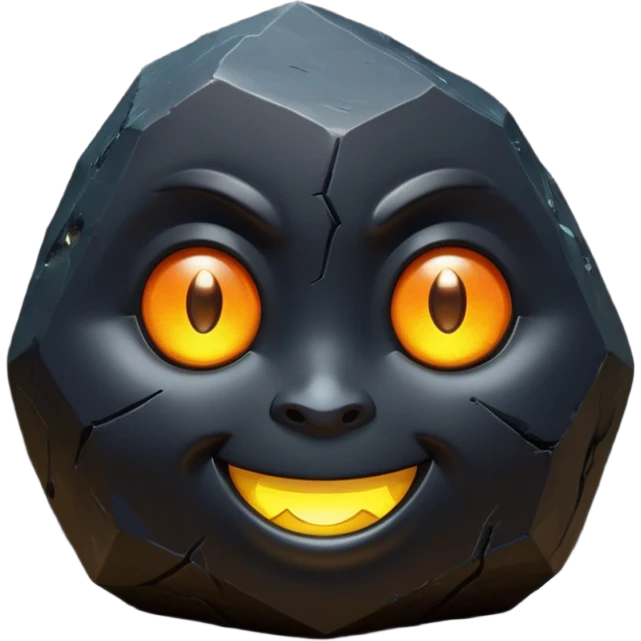 Single black obsidian rock character, thick and heavy with sharp facets and subtle reflections, carved cute face with glowing round eyes and a small smile, 3D render, high detail, soft backlighting, isolated on a plain dark background. emoji