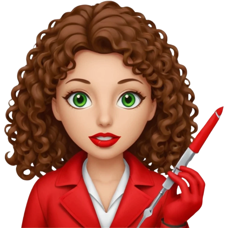 Lilith symbol sexy evil woman. She has green eyes.  had brown long curly hair.  evil surgeon kills with scalpel wears red sexy doctor coat with red mouth cover red gloves. Covers nose, neck  and mouth with Muslim red berka emoji