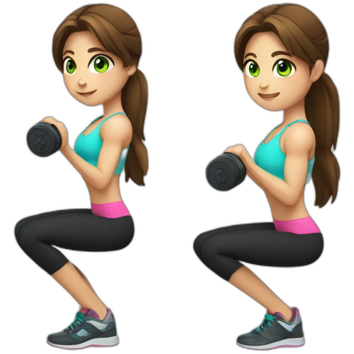 girl gym trainer with brown hair green eyes holding dumbbell emoji