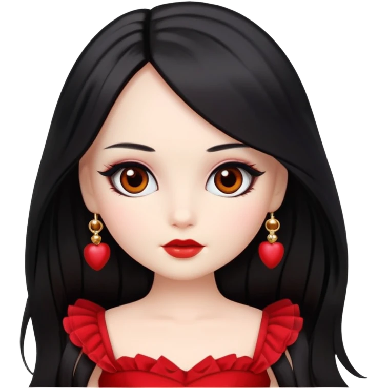 fair skin, long black straight hair, brown eyes, doll-like make up, wearing a red coquette dress, close up emoji