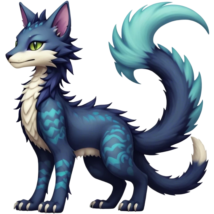Kawaii dark edgy fantasy feline-vernid-sergal-fursona animal creature with a tufted tail full body with intricate markings  emoji