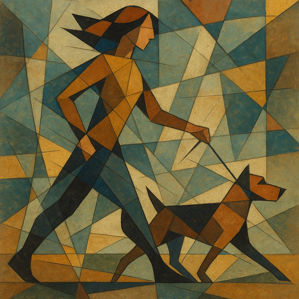 Woman walking a dog, both stylized in faceted motion lines. emoji