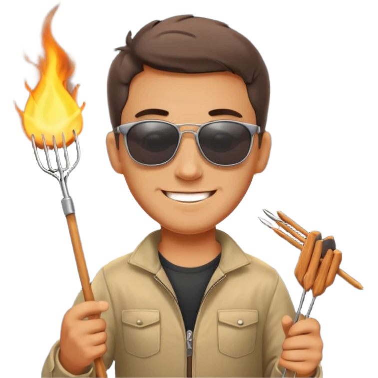 A guy in sunglasses holding tongs, proudly turning skewers over glowing charcoal. emoji