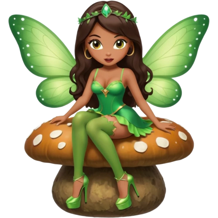 A sexy, super pretty bratz girl with caramel skin. Huge tits. Dark brown hair and brown eyes. She has freckles. Wearing sexy makeup. Wearing a green fairy costume and heels and flying nsfw sitting on a mushroom emoji