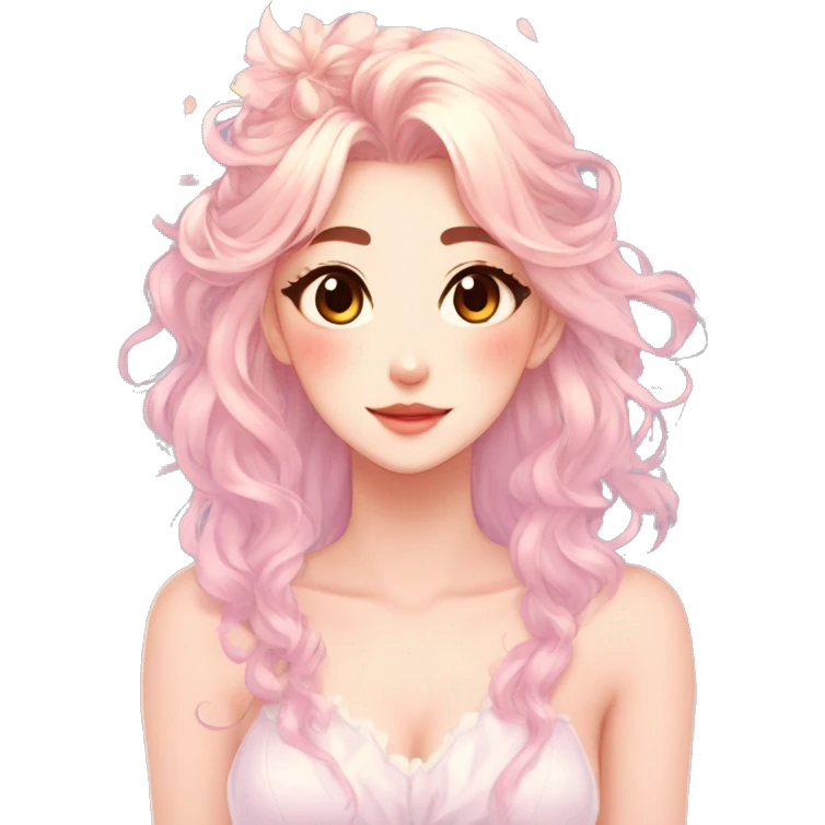 Gorgeous pastel anime style lady with blushing face and hair garnitures and pretty hair aesthetic trending style emoji