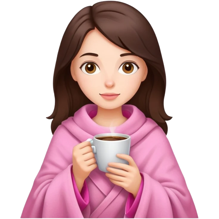 Brunette girl in pink blanket drinking coffee emoji