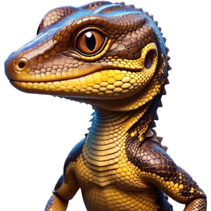 Cinematic Cute brown camo spotted monitor Lizard Portrait Emoji, Head tilted playfully and inquisitively, with a sleek, patterned body accented by vibrant hues and round, sparkling eyes full of wonder, Simplified yet irresistibly adorable features, highly detailed, glowing with a warm, friendly glow, high shine, affectionate and lively, stylized with a touch of exotic charm, bright and endearing, soft glowing outline, capturing the essence of a mischievous yet captivating lizard that seems as if it could scuttle out of the screen into your arms! emoji