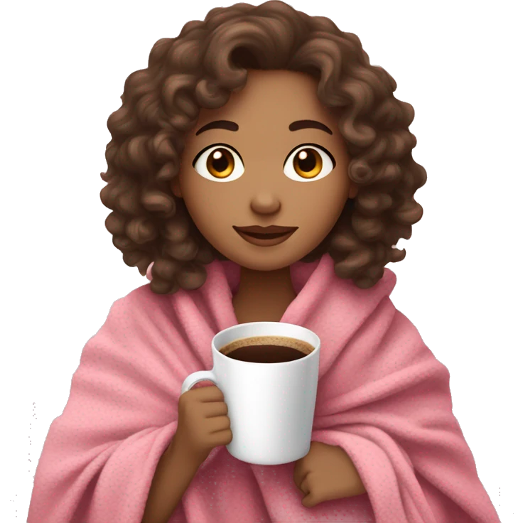 light skin Brunette girl with curly hair in a cozy pink blanket while drinking coffee emoji