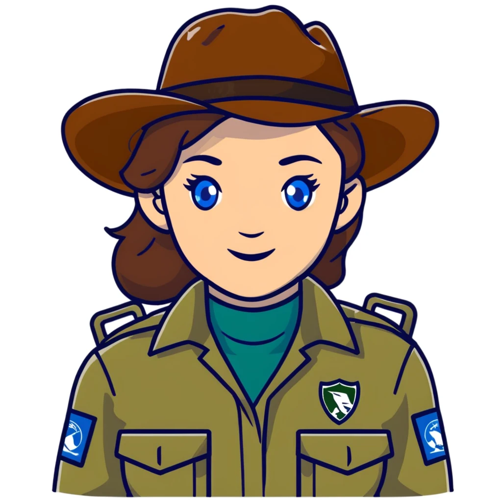 white woman park ranger with brown hair and blue eyes in a nature background emoji