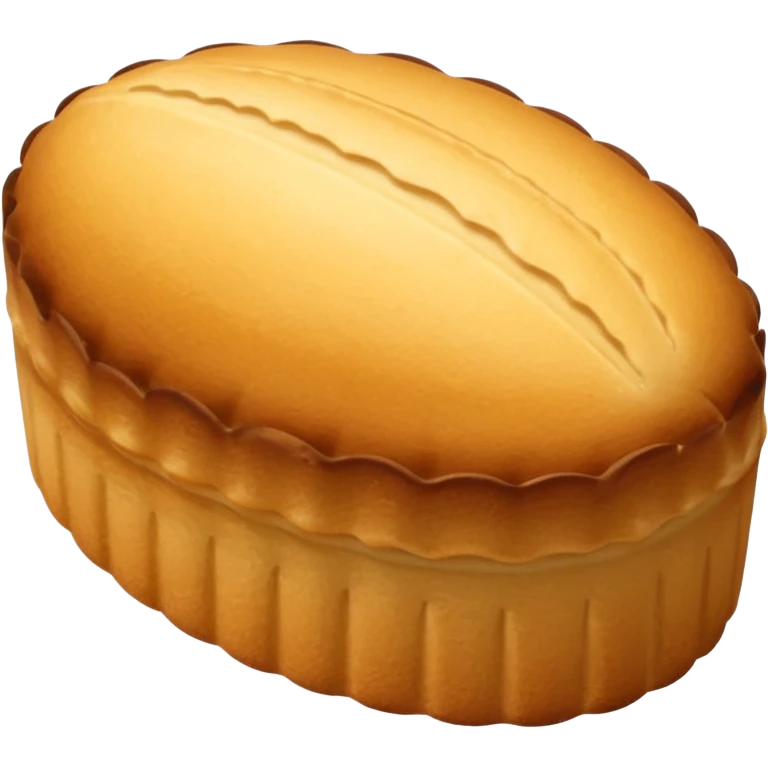 A madeleine pastry. Oval shaped with vertical lines going in the same direction as the oval. Light golden brown. Scalloped edge. Cookie. Stretched out oval emoji