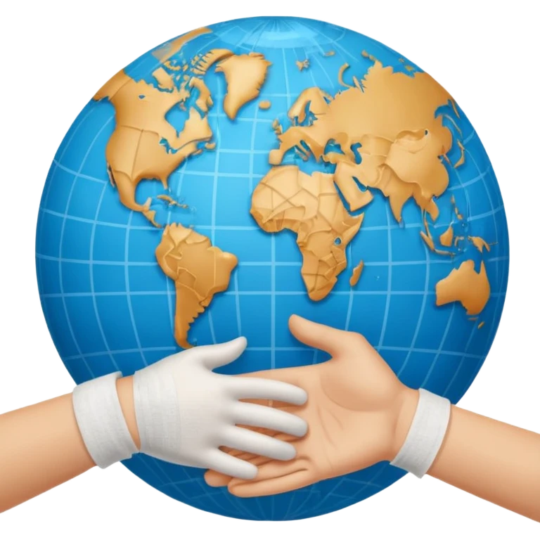 instead of two hands holding a globe, we have two hands handshaking in front of a globe. And in the background, we can see that the globe has a bandage or something. THE GLOBE HAS THE BANDAGE NOT THE HANDS emoji