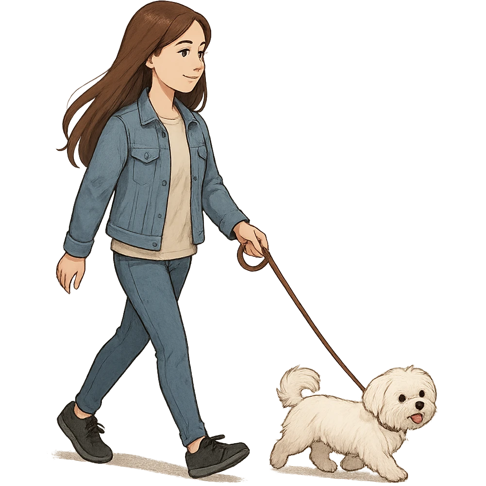 brunette girl with long hair walking a Maltese dog on a leash emoji