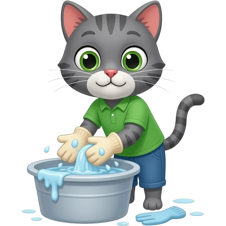 Cartoon brother gray cat wearing a green shirt standing wasing the mittens in a emoji