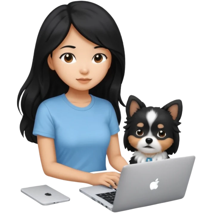 Asian girl with long black hair, wearing a light blue t-shirt, working on an Apple laptop, beside a small black and white dog emoji